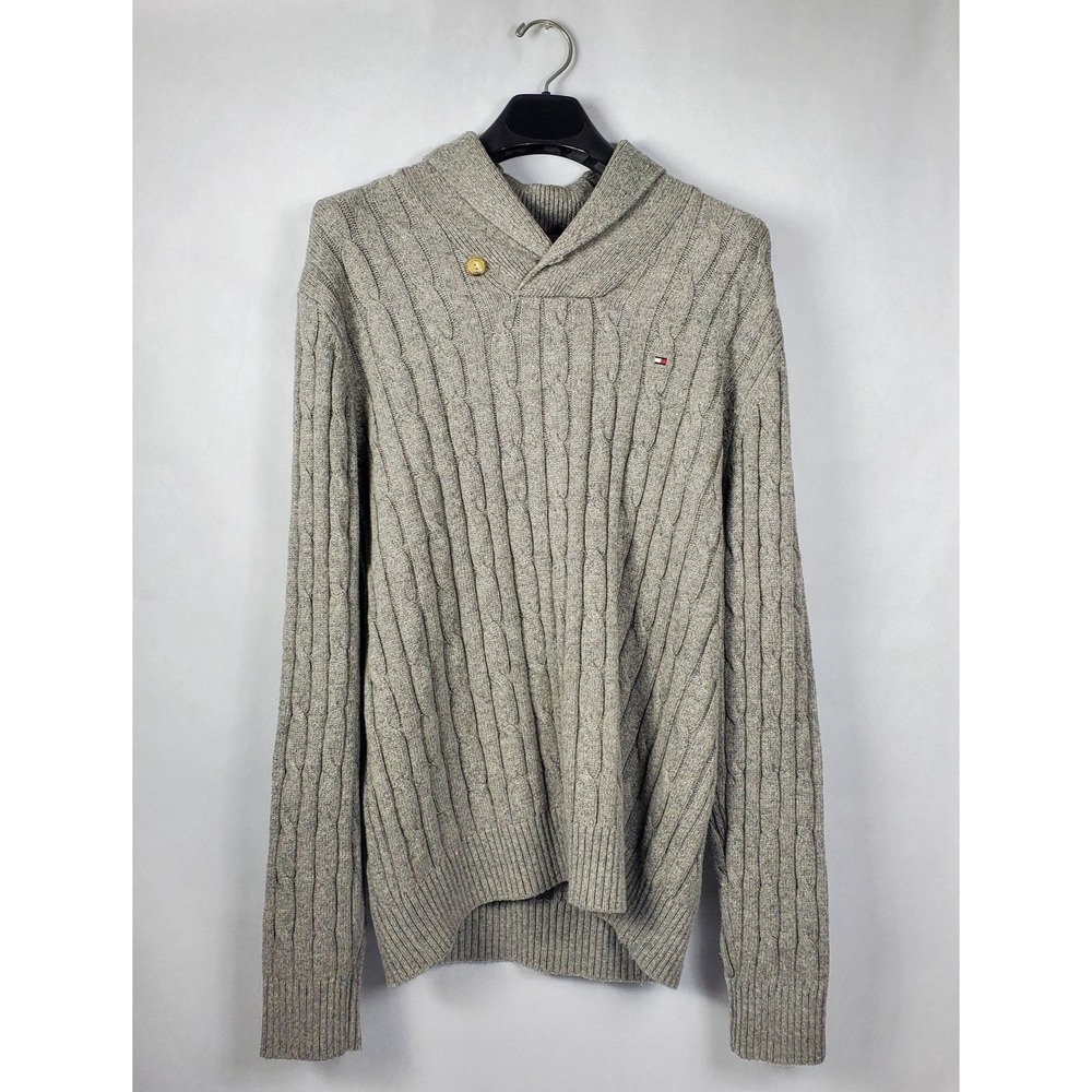 Tommy Hilfiger Men's Shawl Collar Cable Knit Sweater‎ XL Grey Cotton Blend